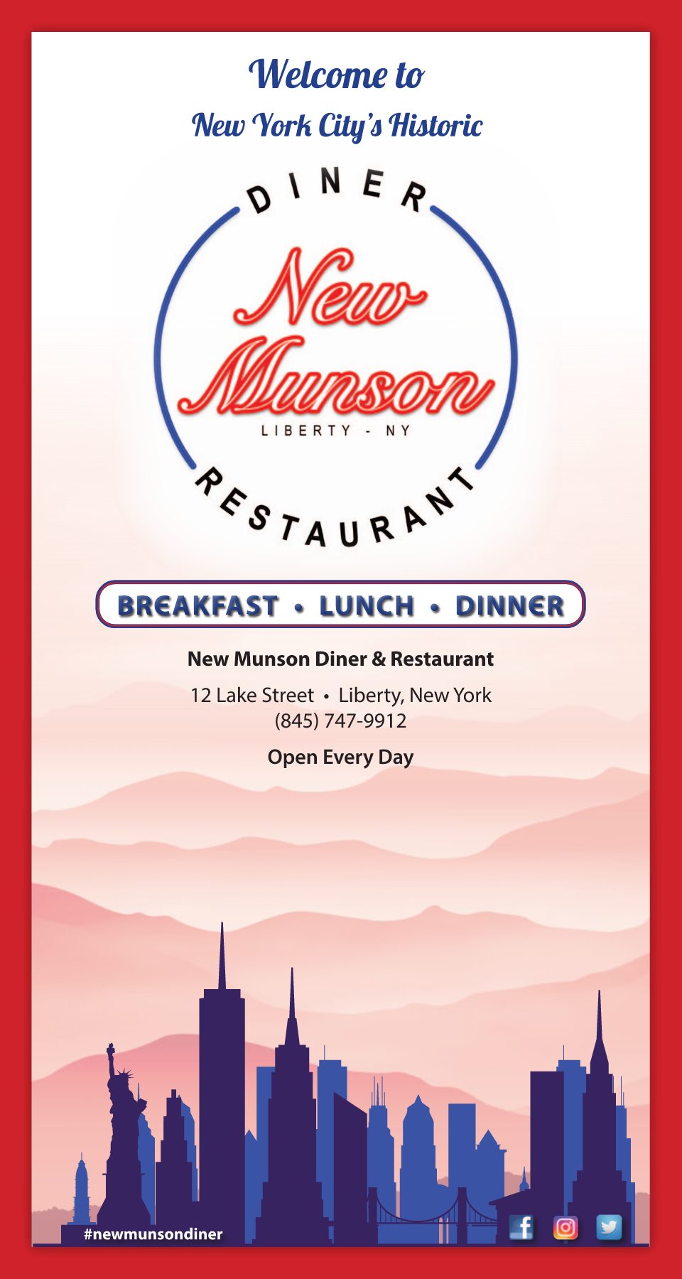 New Munson Diner welcome menu page