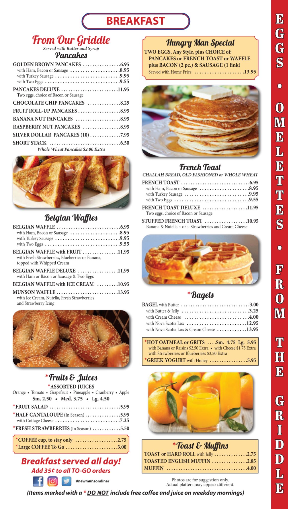 New Munson Diner pancakes waffles French toast bagels fruit juices menu page