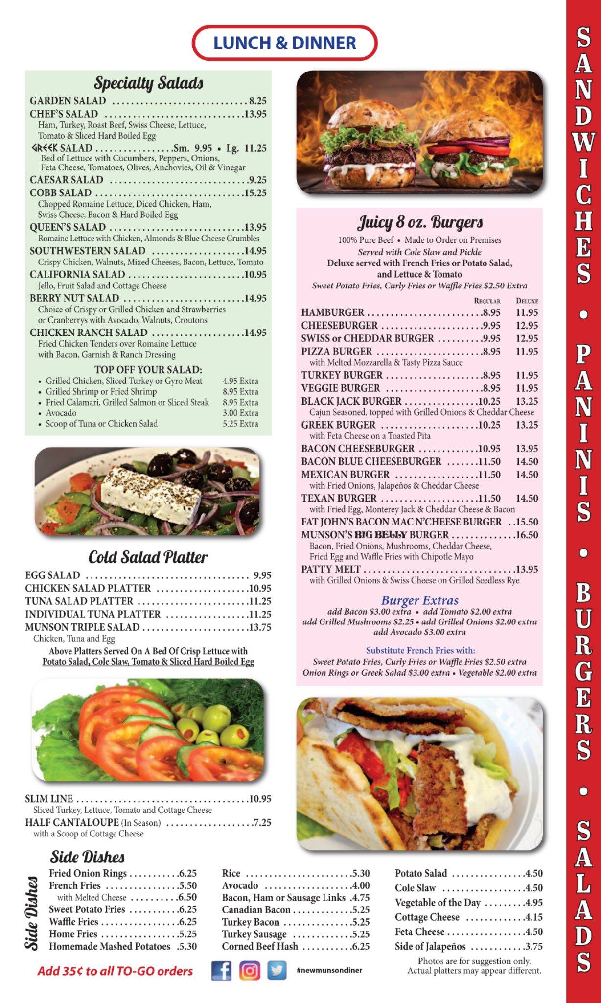 New Munson Diner salads burgers cold salad platters and sides menu page