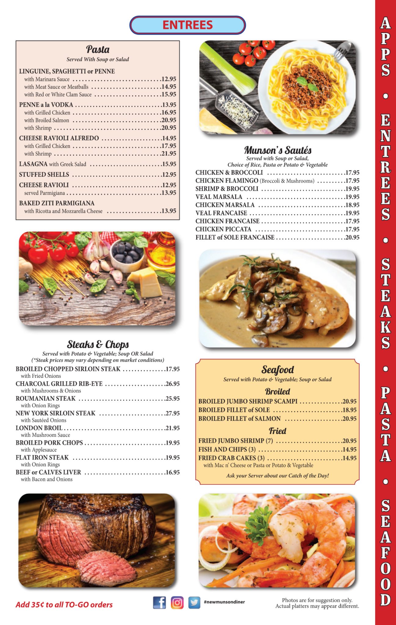 New Munson Diner pasta sautés steaks chops seafood entrees menu page