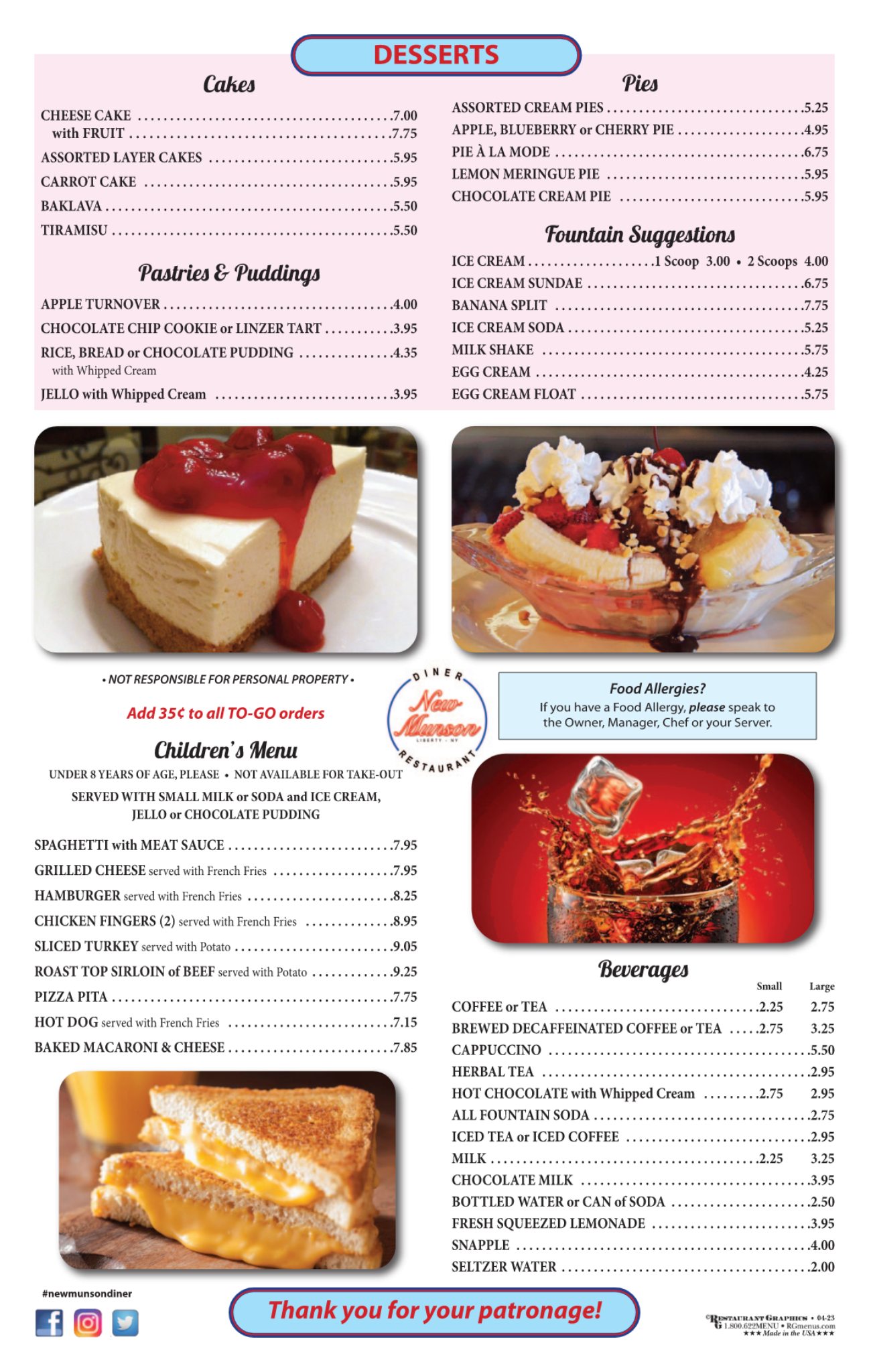New Munson Diner desserts children's menu and beverages menu page